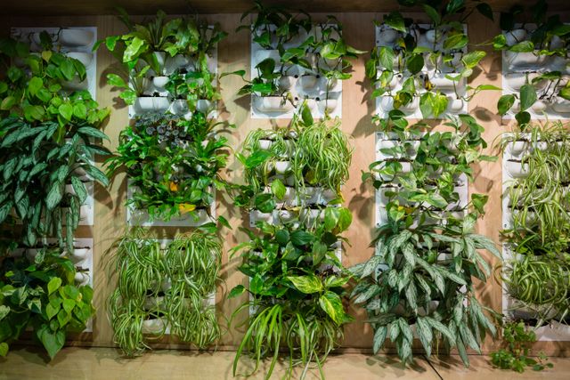 Vertical garden featuring various green plants in an office setting. Ideal for illustrating modern office decor, eco-friendly workspaces, and biophilic design concepts. Can be used in articles about indoor gardening, office design trends, and the benefits of plants in the workplace.