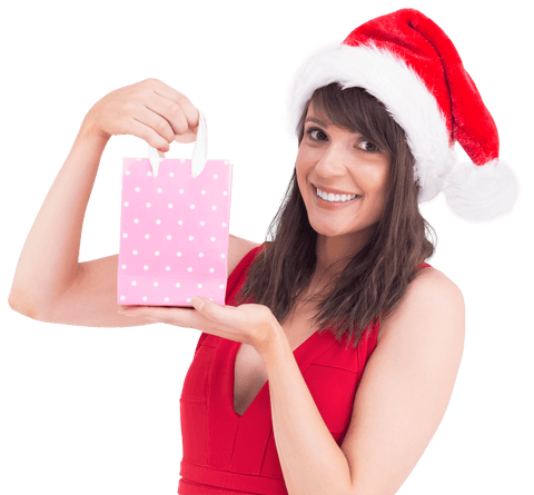 Brunette Woman with Transparent Pink Gift Bag in Santa Hat