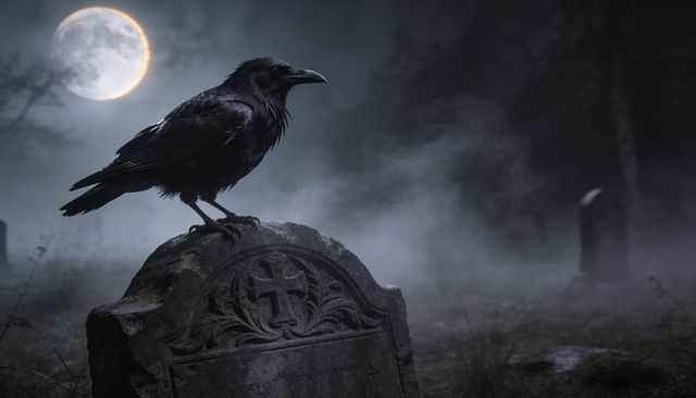 Moonlit raven perching on cross-topped tombstone in foggy graveyard