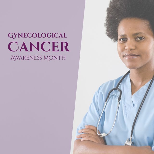African american female doctor with arms crossed and gynecological cancer awareness month text. Composite, copy space, medical, stethoscope, cervical cancer, support, healthcare and prevention.