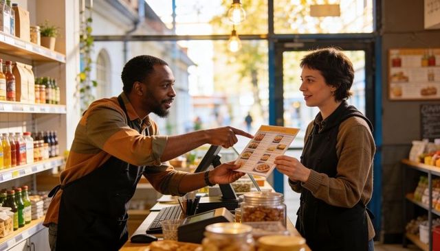 Retail staff explaining laminated menu at deli counter with jars and daylight