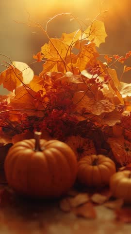 Vertical video panning upward across rustic tabletop with pumpkins, berries and autumn leaves