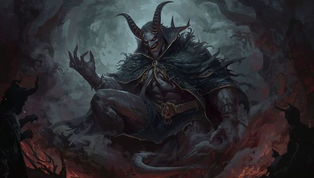 Crouching demon lord in dark fantasy cavern with worshippers