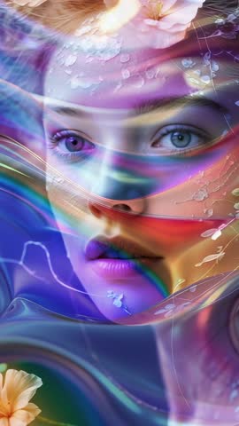 Ethereal Face with Sliding Color Ribbons and Drifting Petals | Vertical Fantasy Clip