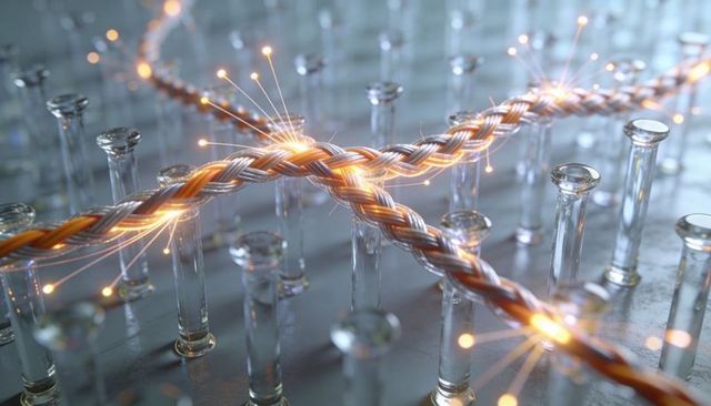 Braided copper and steel cables emitting glowing fiber filaments across glass standoffs