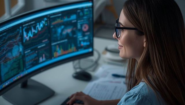 Data analyst examining interactive dashboards on dual monitors