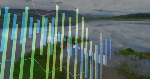 Mature woman standing lakeshore watching calm marshland with translucent data charts overlay