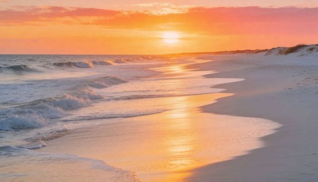 Glowing sunset casting golden pathway over wet sand and foamy surf along tranquil dune coastline