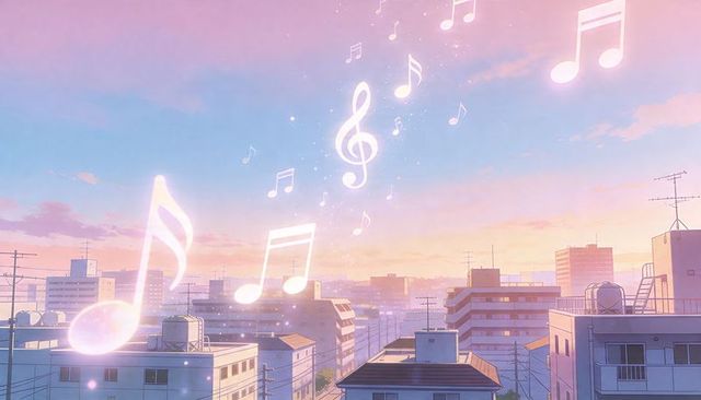 Pastel sunset urban rooftops with glowing musical notes and treble clef drifting