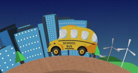 Cartoon School Bus Driving through Urban Cityscape at Night
