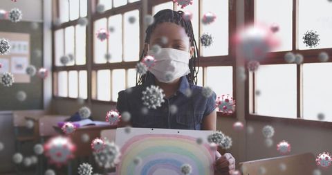 Schoolgirl wearing mask holding rainbow poster amidst floating virus