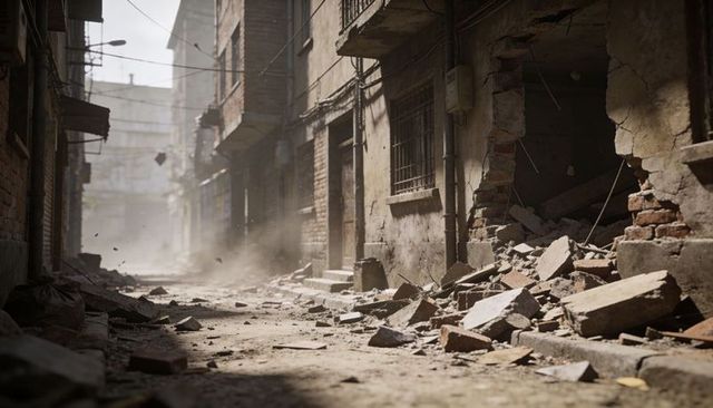 Rubble-strewn urban alley showing collapsed facade and scattered bricks in dusty light