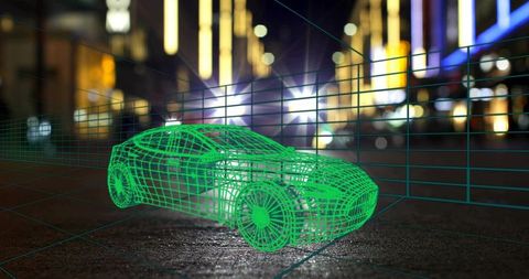 Holographic wireframe car hovering over wet asphalt with neon city bokeh and teal grid