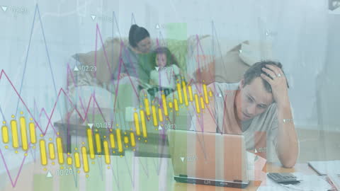 Stressed Father Working from Home with Family in Background