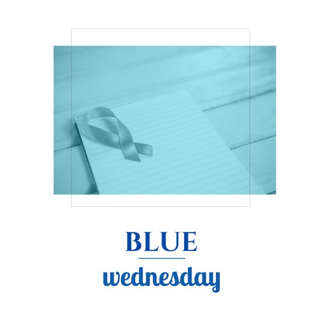 Composite of awareness ribbon with notepad on table and blue wednesday text, copy space. Mouth cancer, disease, healthcare, support, awareness and prevention concept.