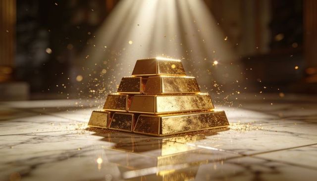 Shimmering pyramid of gold bars catching dramatic spotlight on marble floor