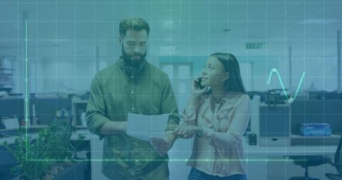 Colleagues Discussing Business Document with Futuristic Overlay