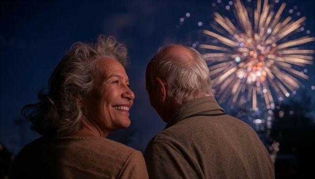 Senior couple watching fireworks at night, smiling and sharing romantic evening together