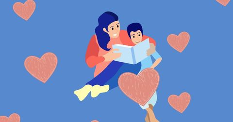 Mother reading to son surrounded by hearts