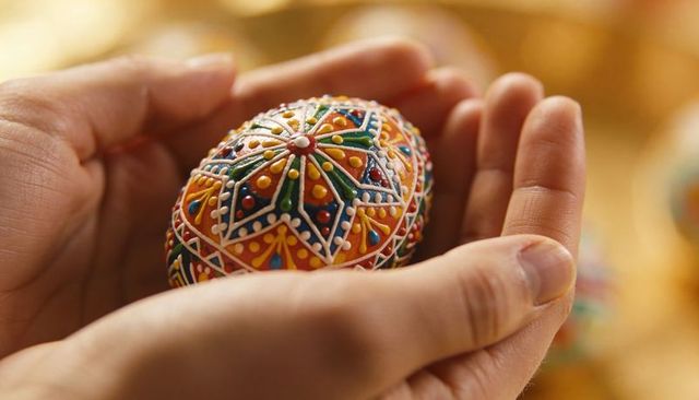 Cupped hands holding ornate decorated egg with intricate folk patterns and golden bokeh
