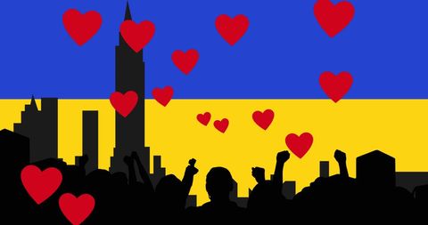 Hearts Flow Over Ukrainian Flag with City Silhouette