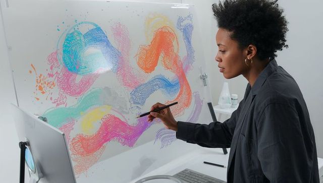 Woman creating colorful abstract digital art on glass panel with stylus in studio