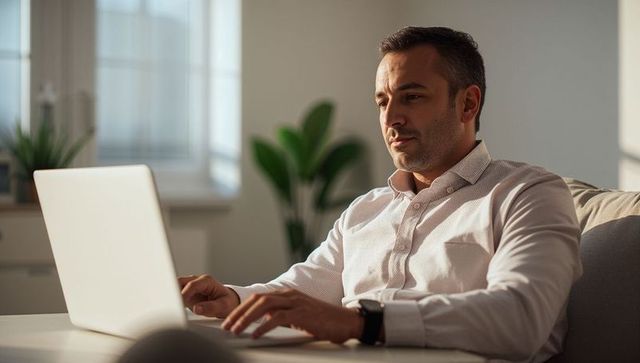 Professional man working on laptop at home office typing on keyboard during daylight