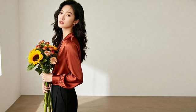 Asian woman holding sunflower bouquet wearing rust satin blouse in minimalist interior