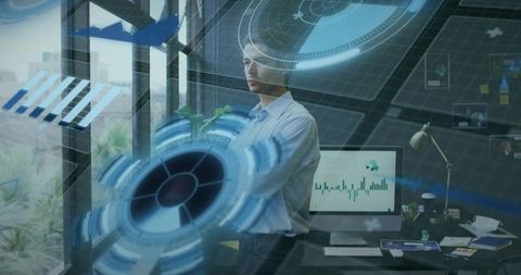 Business Professional Analyzing Holographic Data in Modern Workspace