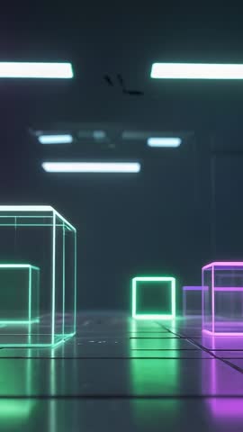 Gliding through neon cube chamber vertical video showing pulsing futuristic digital cubes