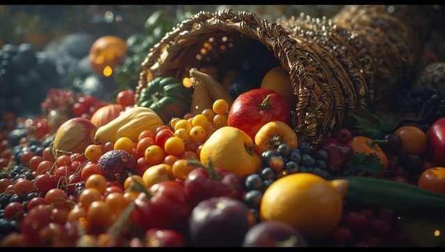 Ripe fall bounty overflowing from cornucopia with vibrant harvest