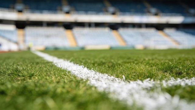 Close-up showing painted white sideline on green football pitch with blurred stadium seats