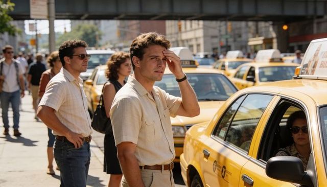 Man shielding eyes on busy city sidewalk beside row of yellow taxis under overpass