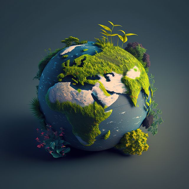 Green plants overgrowing globe on blue background, created using generative ai technology. Earth day and ecology concept digitally generated image.