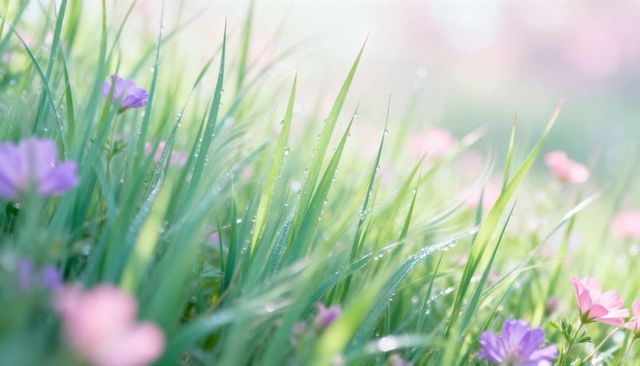 Dewy grass blades with pink and purple wildflowers in soft backlit morning bokeh macro