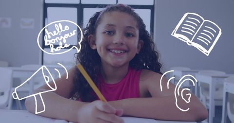 Smiling biracial schoolgirl learning with language and communication icons