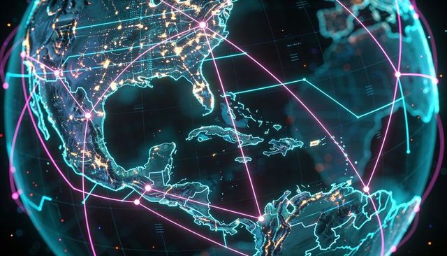 Neon global network mapping connecting cities with turquoise coasts and magenta data paths