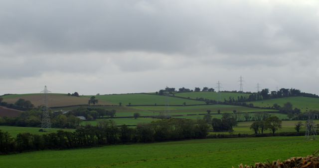 Green rural landscape on an overcast day, with electricity pylons dotting the scenery. Perfect for use in articles discussing rural life, renewable energy, environmental issues, or landscape photography.