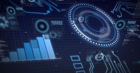 Projecting concentric circular HUD with bar chart and circuit traces on dark grid