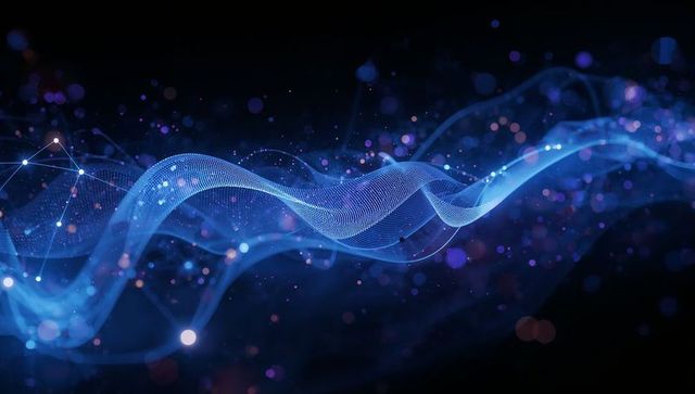 Flowing blue digital wave mesh ribbon with glowing nodes, particle network, futuristic neon energy