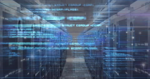 Digital Data Streams Cannecting High-Tech Server Room