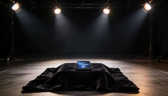 Smartphone spotlight showcase on black velvet with glowing screen and dramatic lighting studio