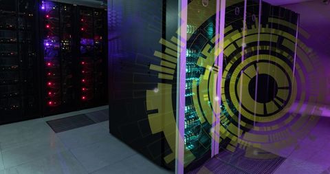 Data center server room with futuristic digital interface