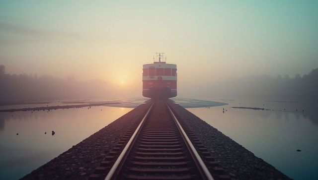 Mystical Tram Journey on Serene Misty Lake at Sunrise