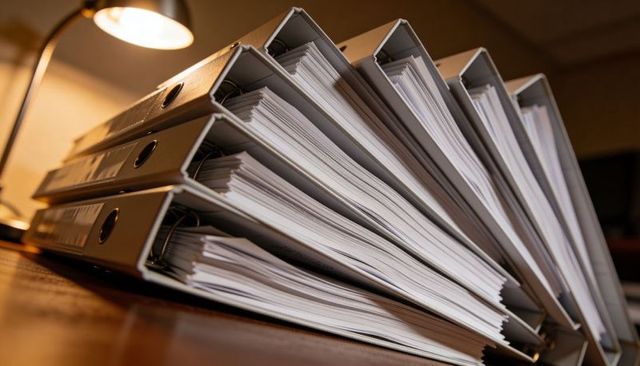 Leaning stack of gray lever-arch binders with thick paper edges under warm desk lamp