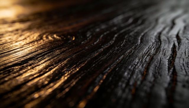Dark-stained wood grain macro showing glossy varnish reflections and deep ridge texture