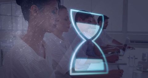 Office employees practicing mindfulness with neon hourglass overlay