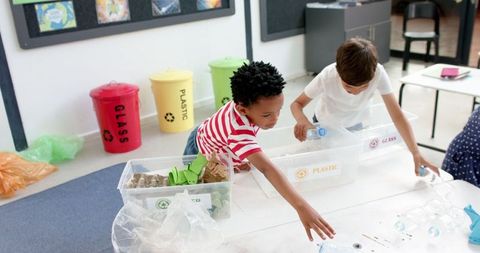 Children Actively Sorting Recyclables in Classroom Learning Environment
