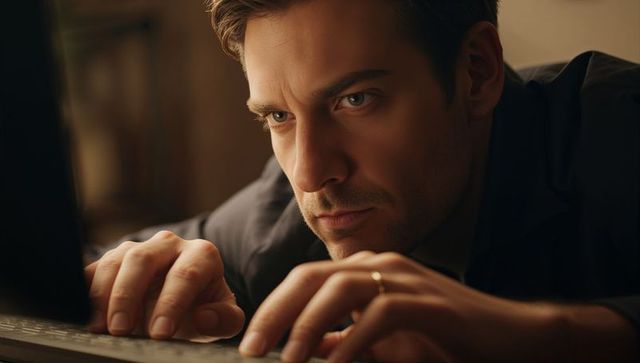 Intense focus on laptop keyboard by man leaning over desk close-up in warm ambient light