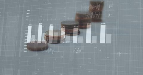 Stacked coins with digital financial graph interface
